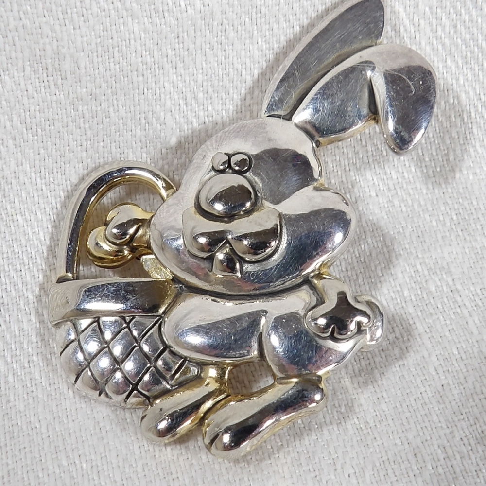 Vintage MJ Bunny Rabbit w/Basket Brooch Pin/Pendant Silver Tone